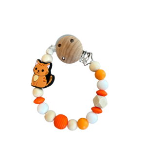 Perlenschnullerkette orange/weiß „Katze“