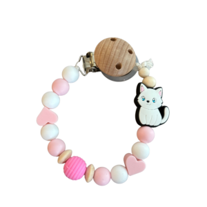 Perlenschnullerkette rosa/weiß „Katze“